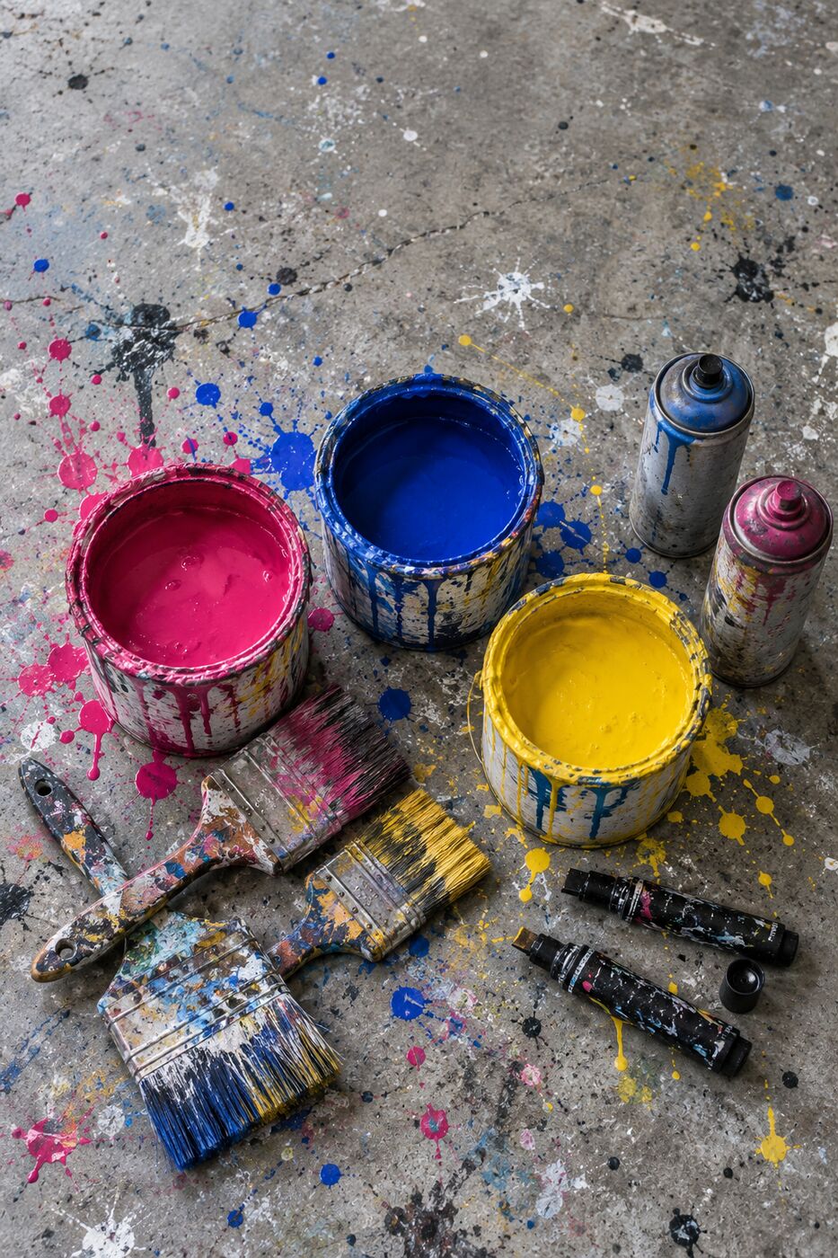 Paint tins, brushes and spray cans on a studio floor